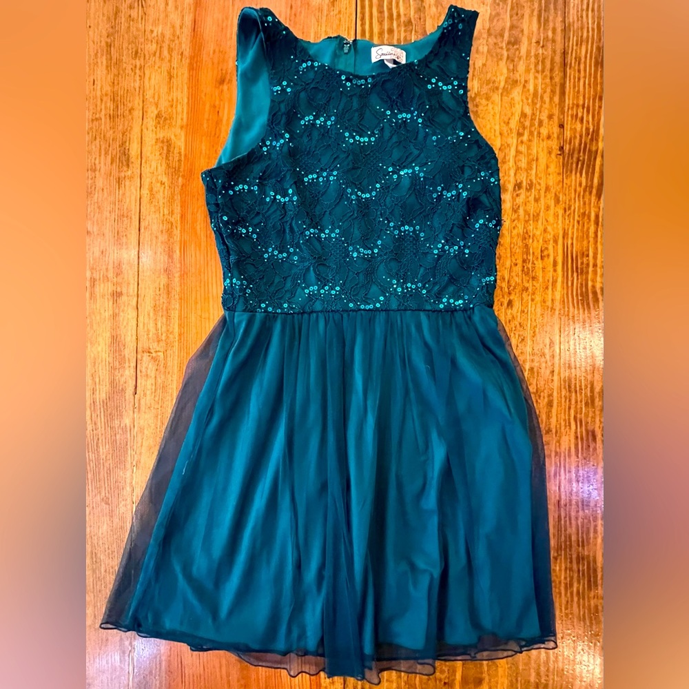 Speechless Hunter Green Sleeveless Sequin Lace Holiday Dress Size 11